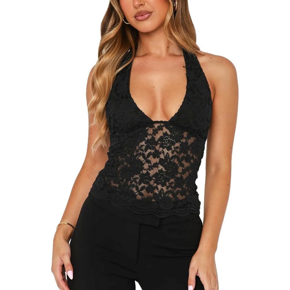 Women's Lace Halter V Neck Backless Tank Top Fitted Sheer Going Out Summer